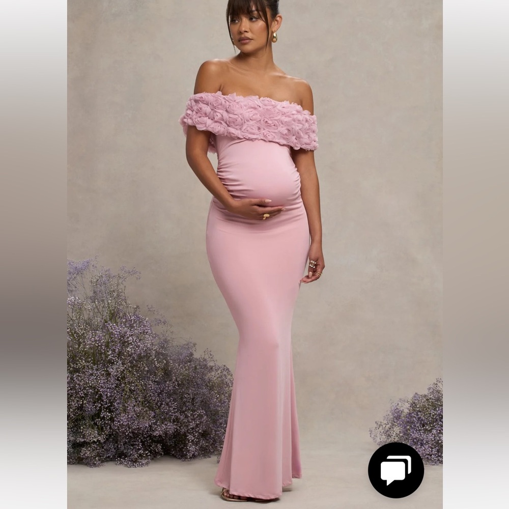 Club London BLUSH PINK MESH FLORAL BARDOT MATERNITY MAXI DRESS